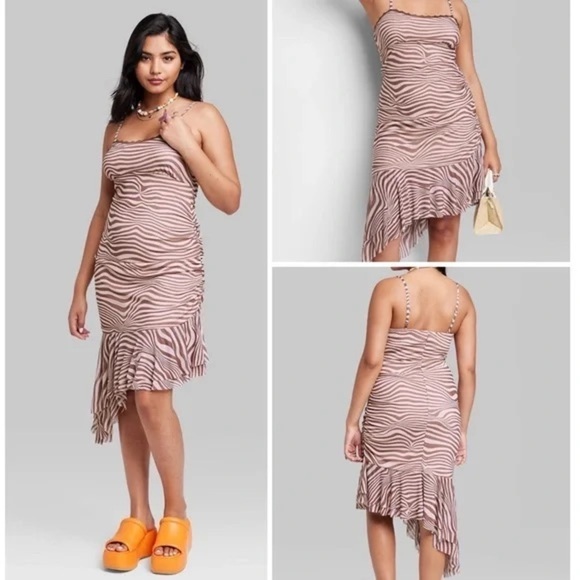 Wild Fable Light Brown Zebra Striped Women's Sleeveless Mesh Dress - Large - Picture 1 of 8